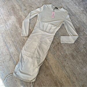 Micas NWT Tan Cream Long Sleeve Midi Dress Ribbed Ruched Butt/Sides Sheer Waist
